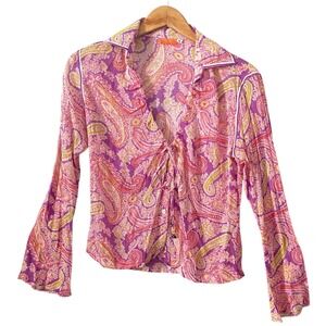 Roberta Freymann Purple Paisley Cotton Tie Front Blouse Bell Charms Womens Sz Md